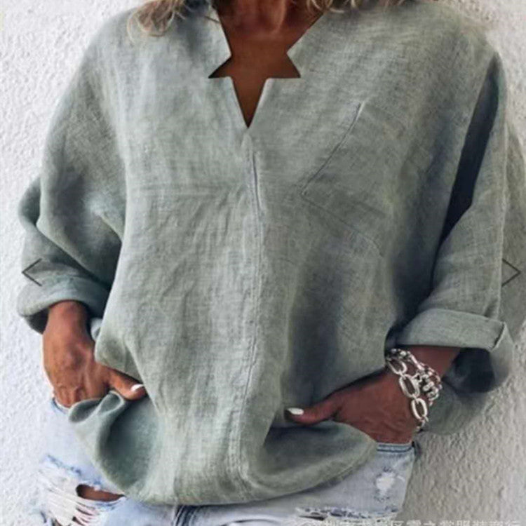Solid Color Cotton And Linen Plus Size Mid-length V-neck Shirt