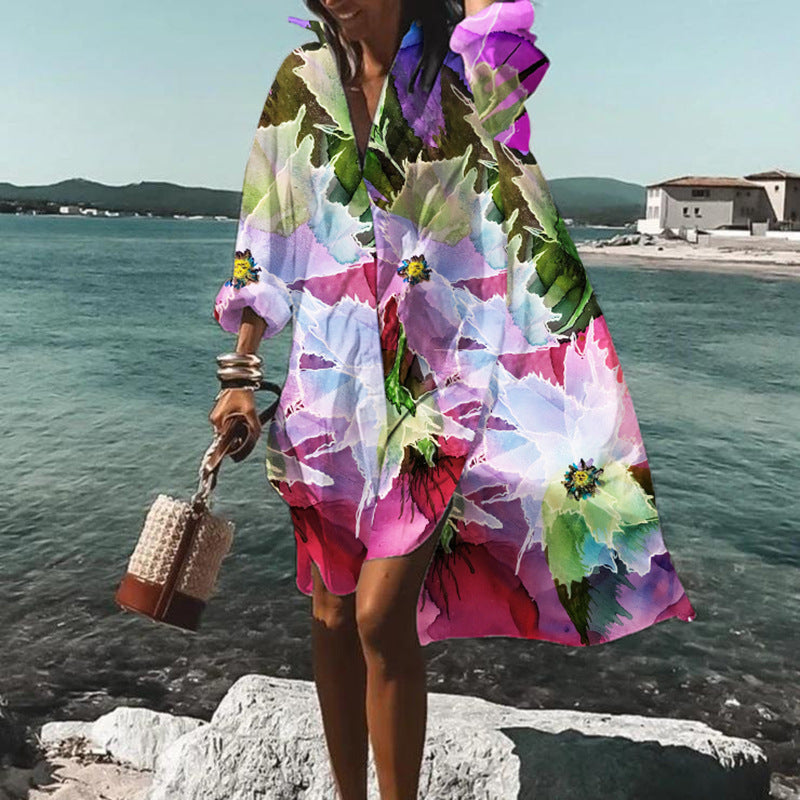 Beach Vacation Printed Blouse Coat Dress