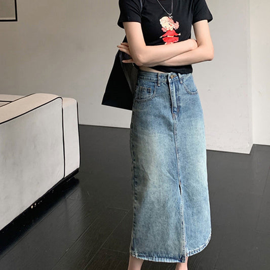 Slit A-line Skirt Denim Skirt Women's Retro High Waist