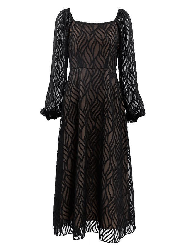 Chic High Waist Long Sleeve Dress with Hollow-out Micro-Transparent Jacquard for Women