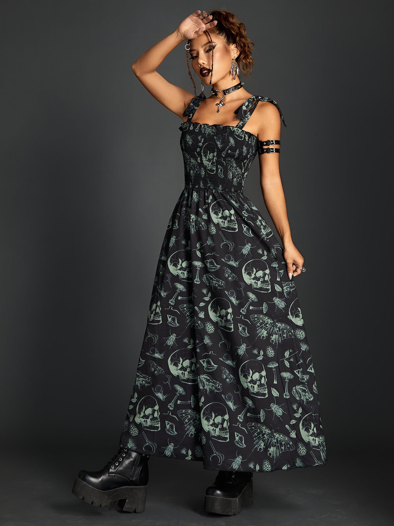 Smocking Lace-Up Tube Top Dress with Dark Printing