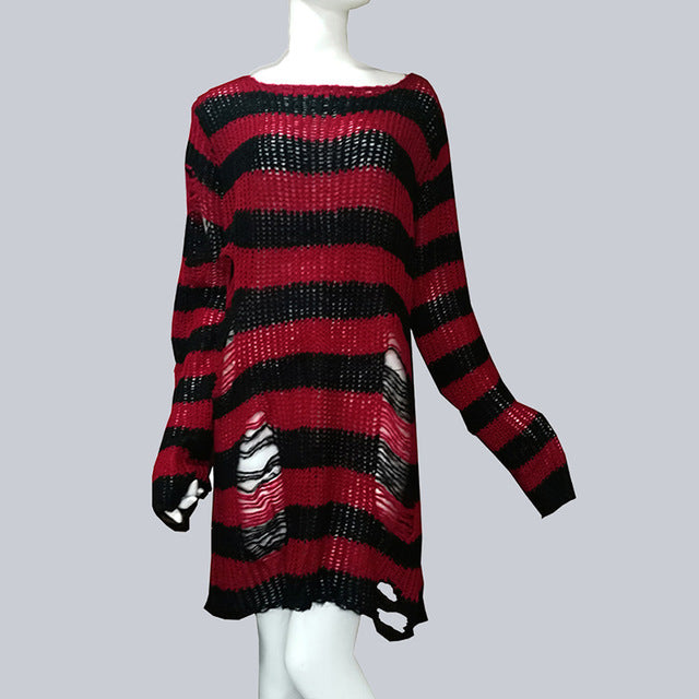 Womens Striped Loose Knitwear With Ripped Mid-length Sweater