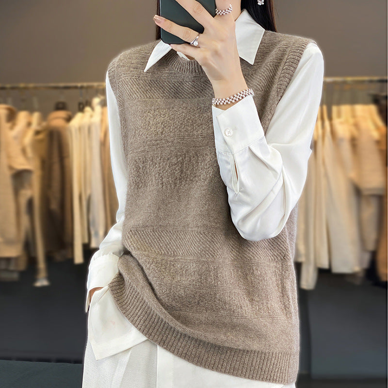 Women's Round Neck Loose-Fit Cashmere Knitted Pullover Sweater Vest