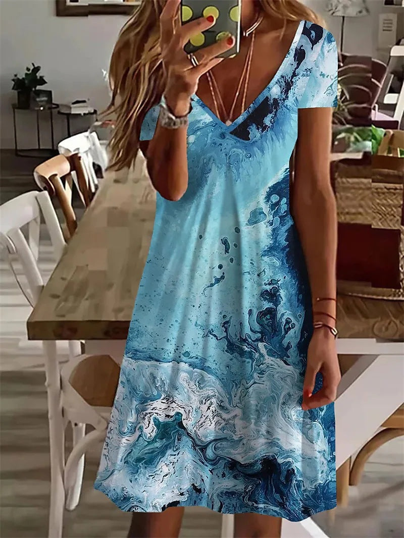 Plus Size Women's V-neck Vacation Style Printed Dress