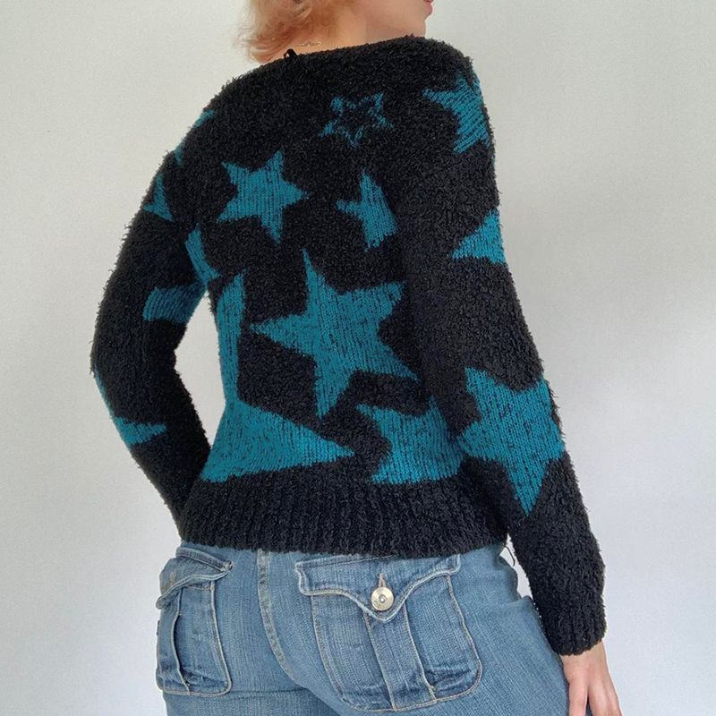 Women's Color Contrast Star Long-Sleeved Sweater