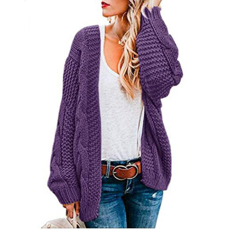 Women's Solid Color Thick Needle Loose Plus Size Knitwear Sweater Twist Cardigan