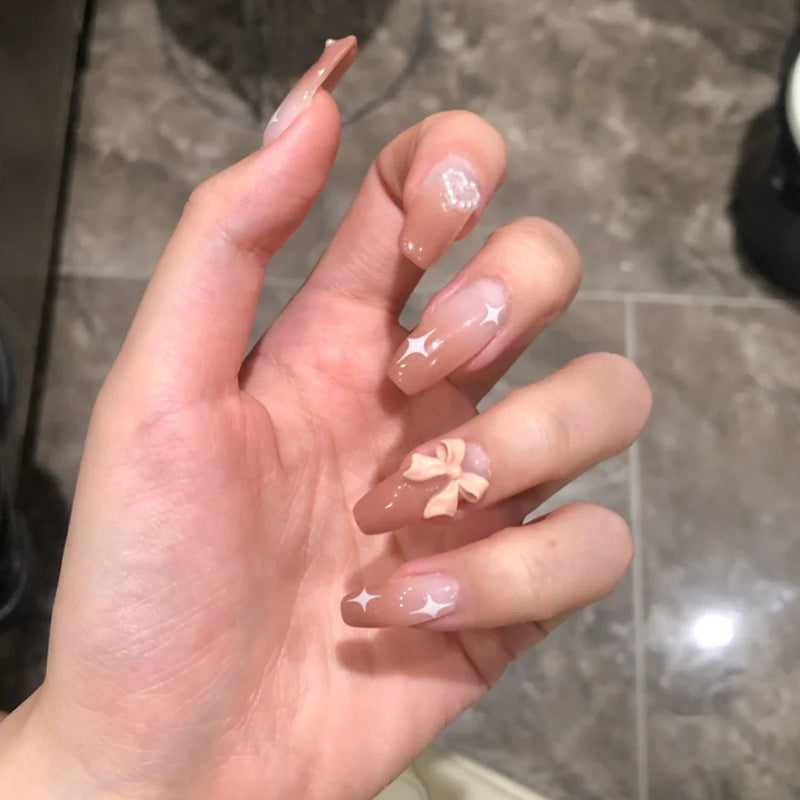 Milk Tea Gradient Bow Wearing Nail Pieces