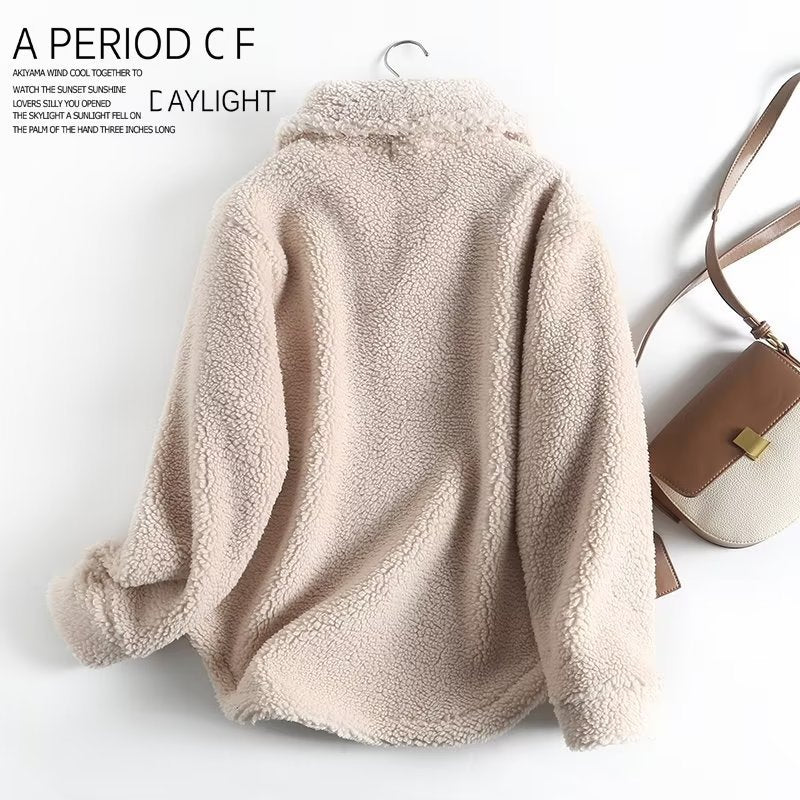 Women's Loose-Fit Casual Sweatshirt Coat with Zipper Collar and Lamb Wool Fabric