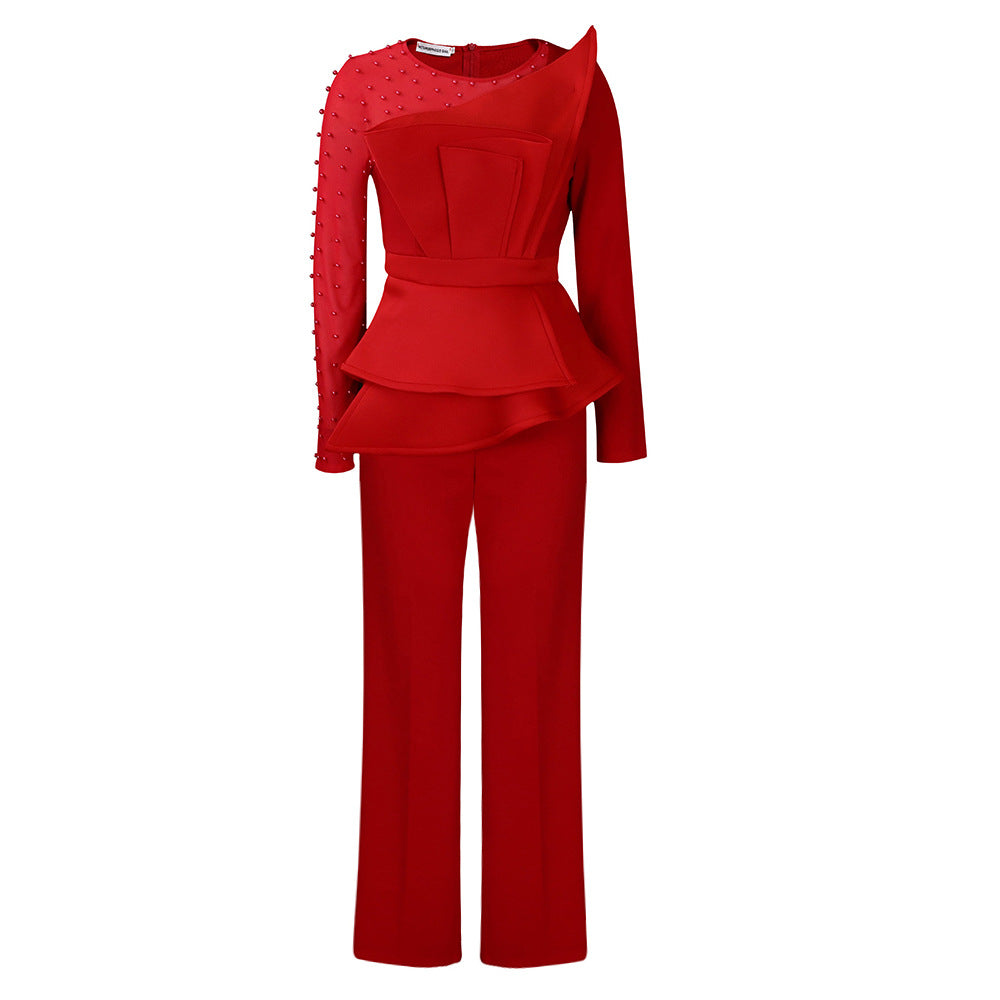 Long Sleeve Jumpsuit with Mesh Splicing and Bead Embellishments for Banquets