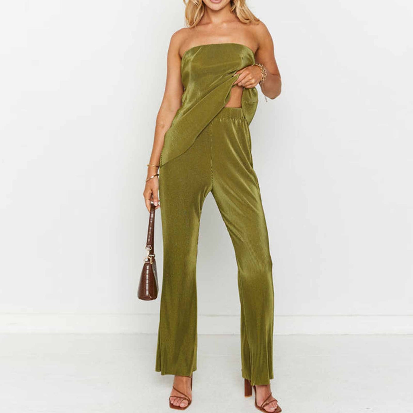 Slim Top Casual Trousers Solid Color Two-piece Set