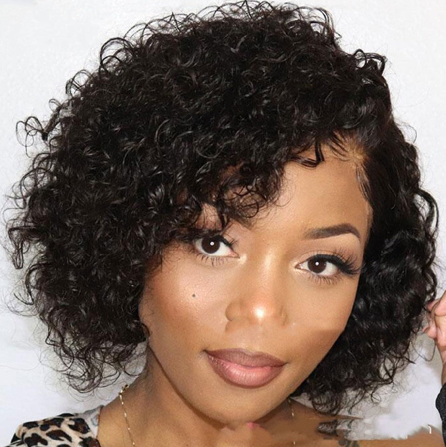 Side Parting Short Curly Black African Small Curly Wig