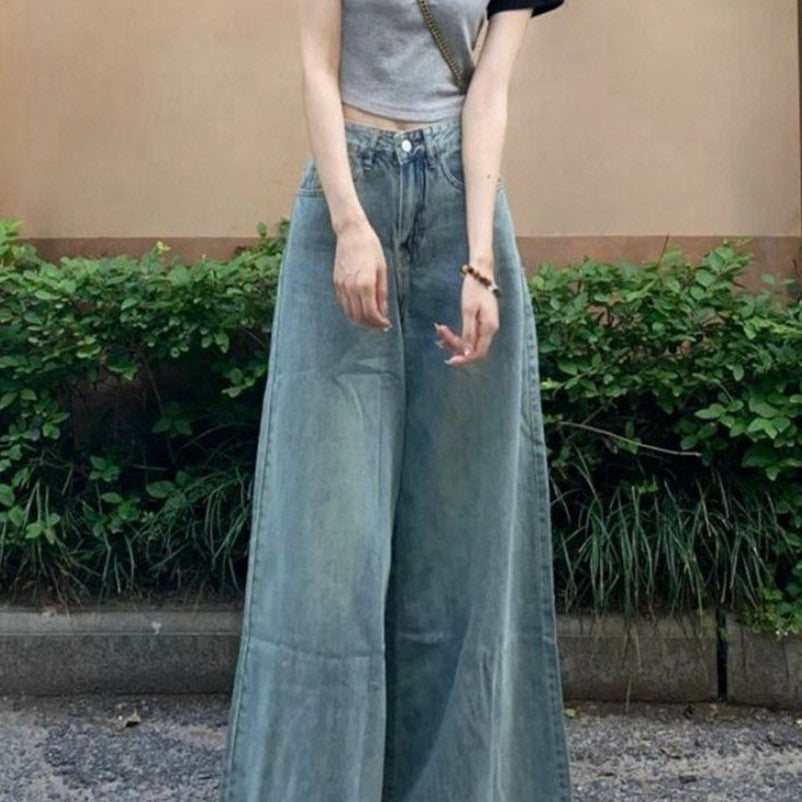 Washed-Out Vintage High-Waist Wide Leg Jeans - Slimming Fit