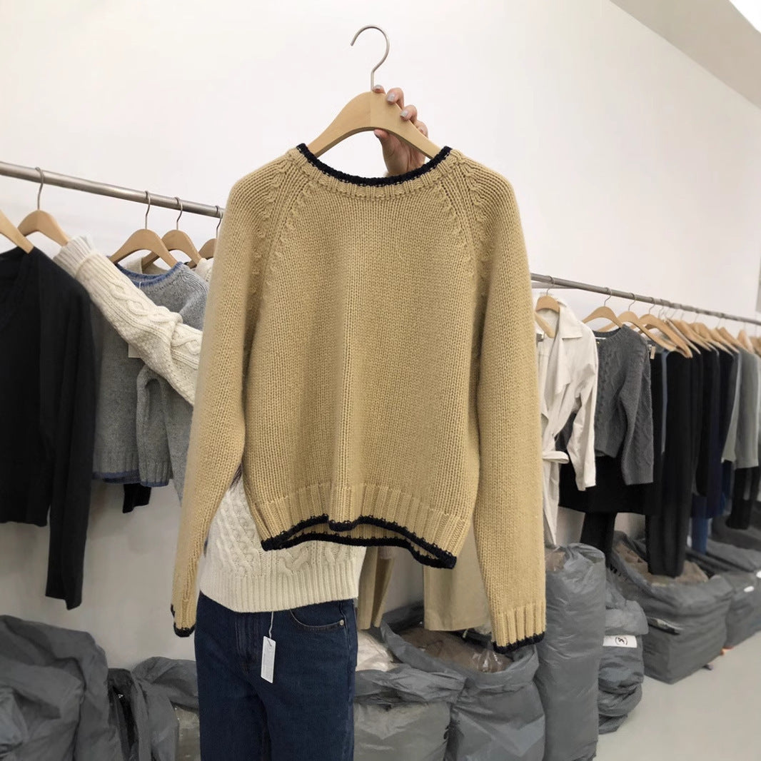 Contrast Color Round Neck Sweater with Knitted Collar