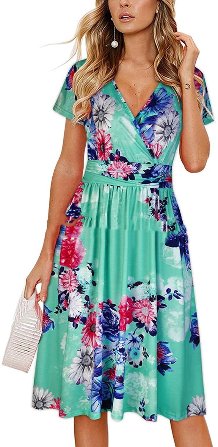 Printed V-neck Wrapped Chest Short Sleeve Pocket Midi Dress