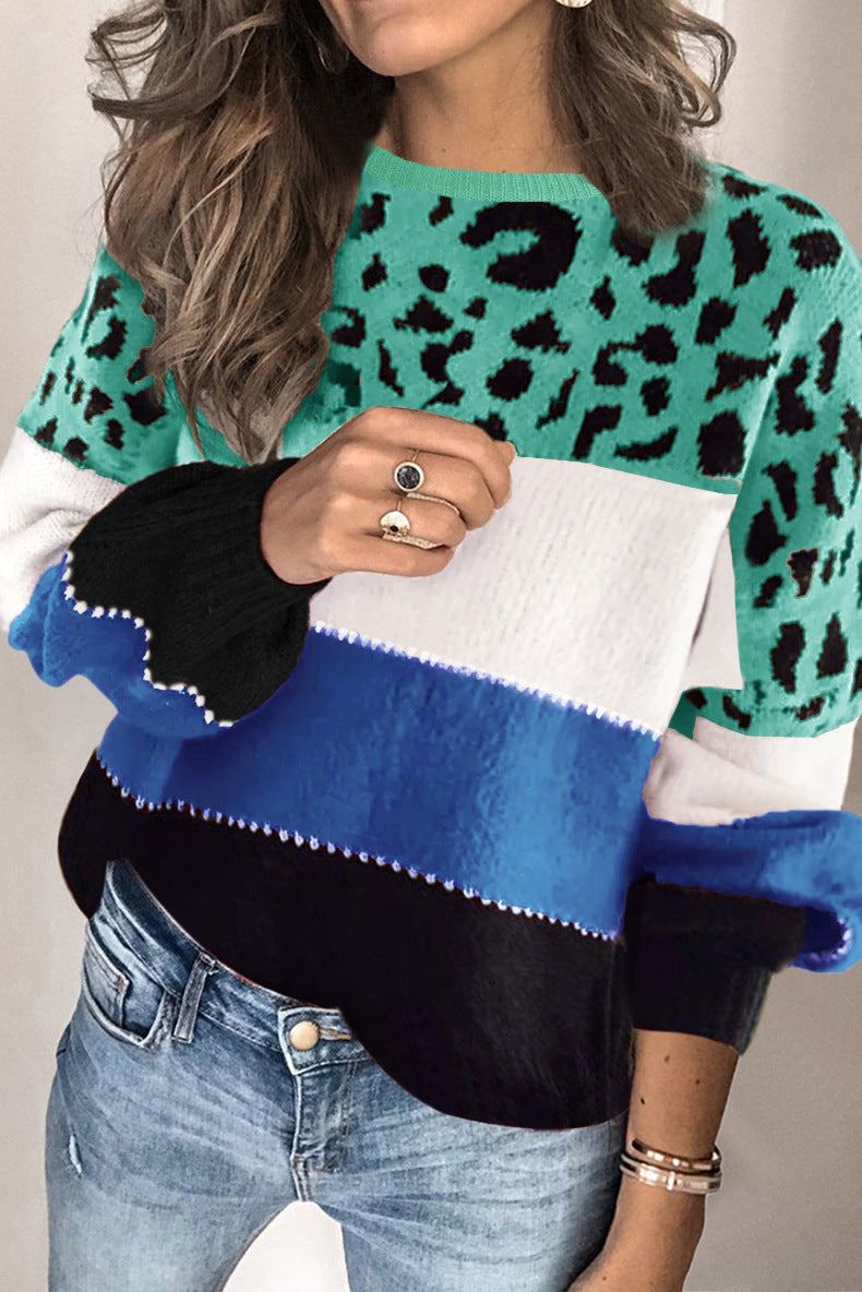 Plus Size Crew Neck Pullover Sweater with Stitching Leopard Print