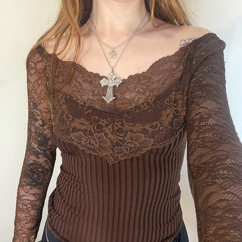 European and American V-Neck Lace Jacquard Knit Top for Women