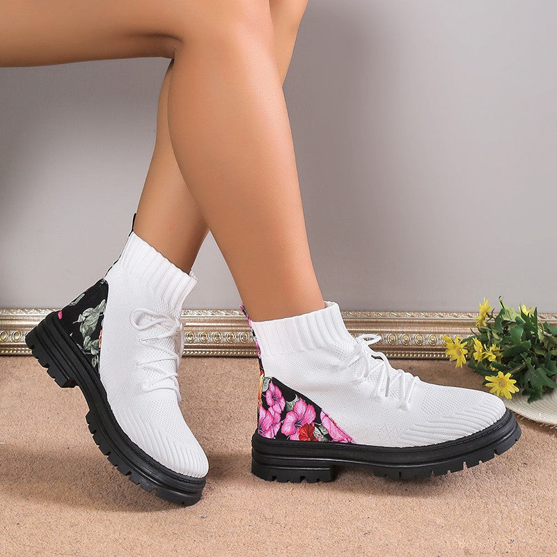 Stylish in Autumn and Winter with Flowers Print Knitted Mesh High