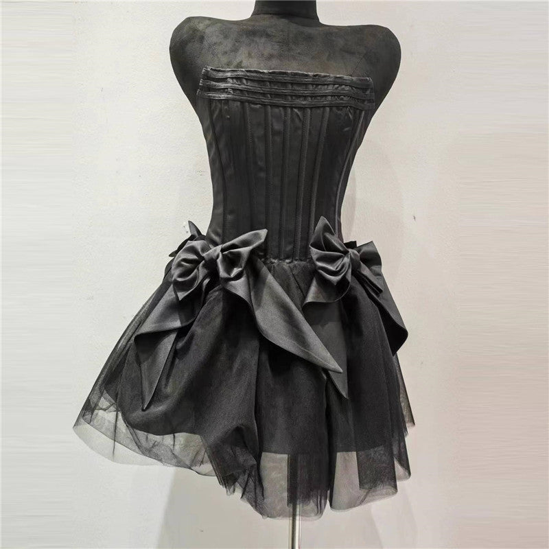 Backless Chest-Wrapped Dress with Bow and Mesh Detail for Women