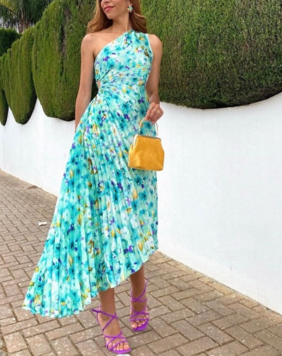 Women's Fashionable One-shoulder Printed Dress