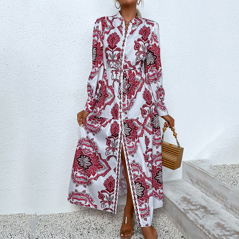 Long Dress with Irregular Hem and Printed V-neck