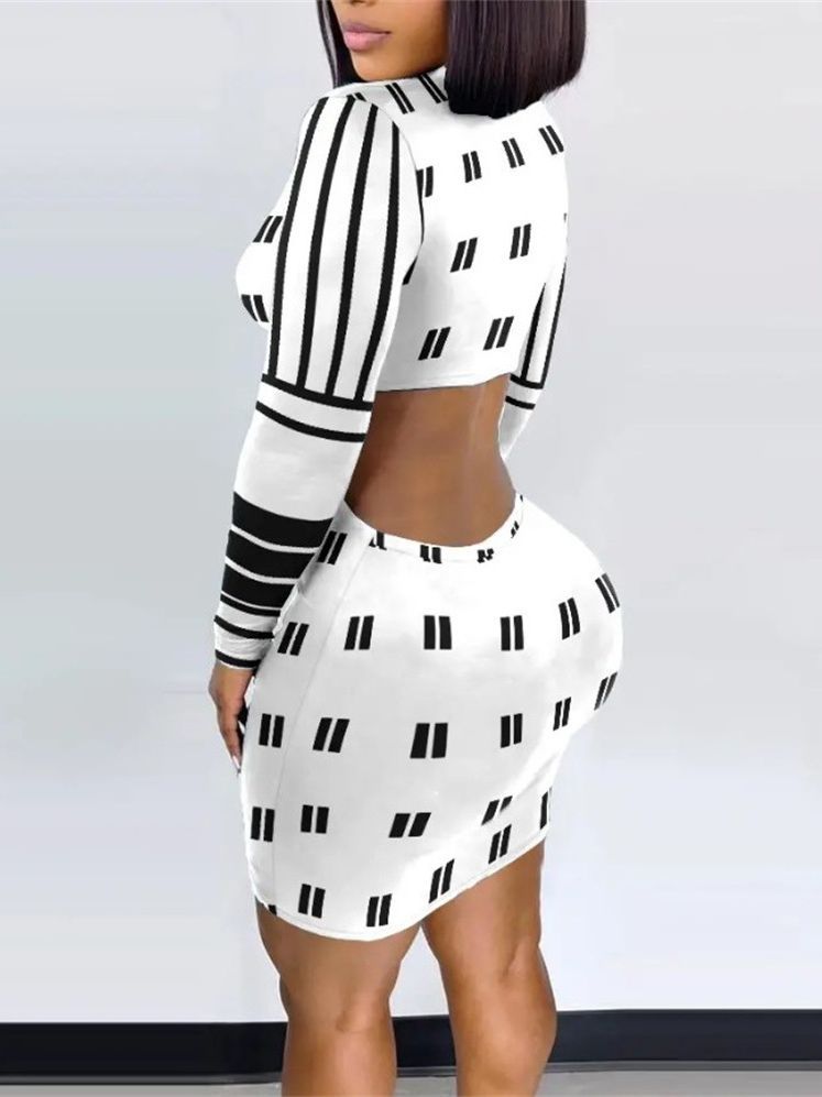 Women's Printed Fashion Midriff Outfit Sheath Long Sleeve Dress