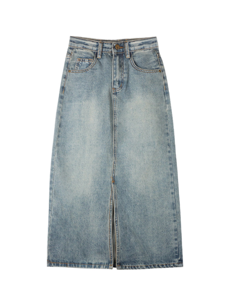 Slit A-line Skirt Denim Skirt Women's Retro High Waist