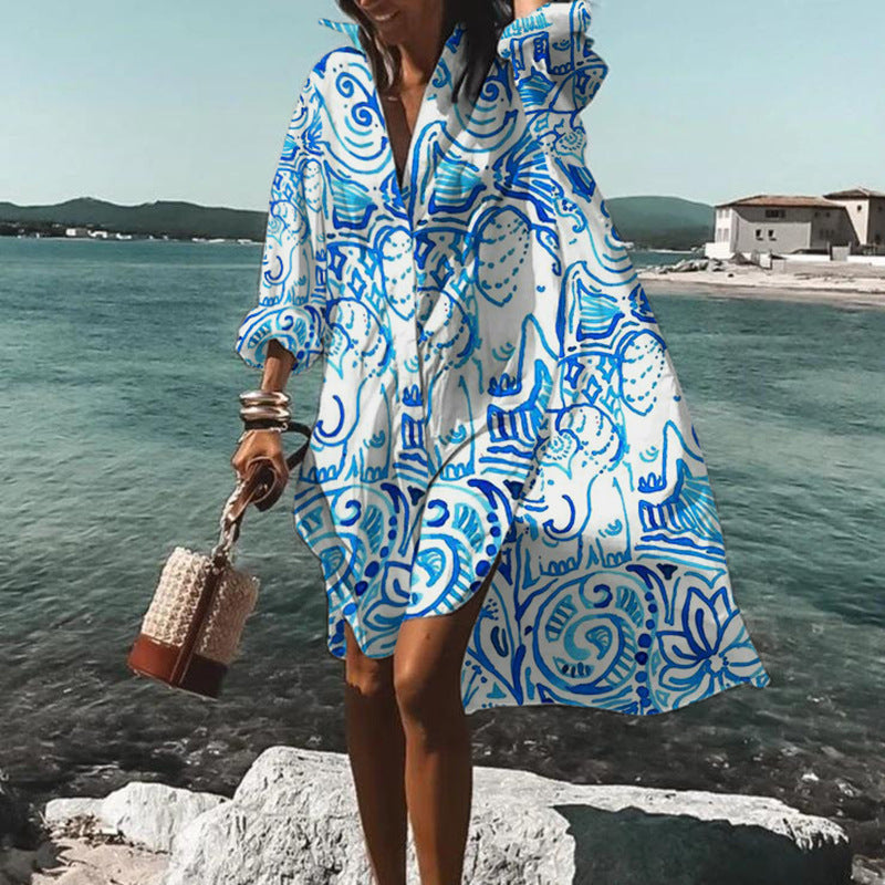 Beach Vacation Printed Blouse Coat Dress