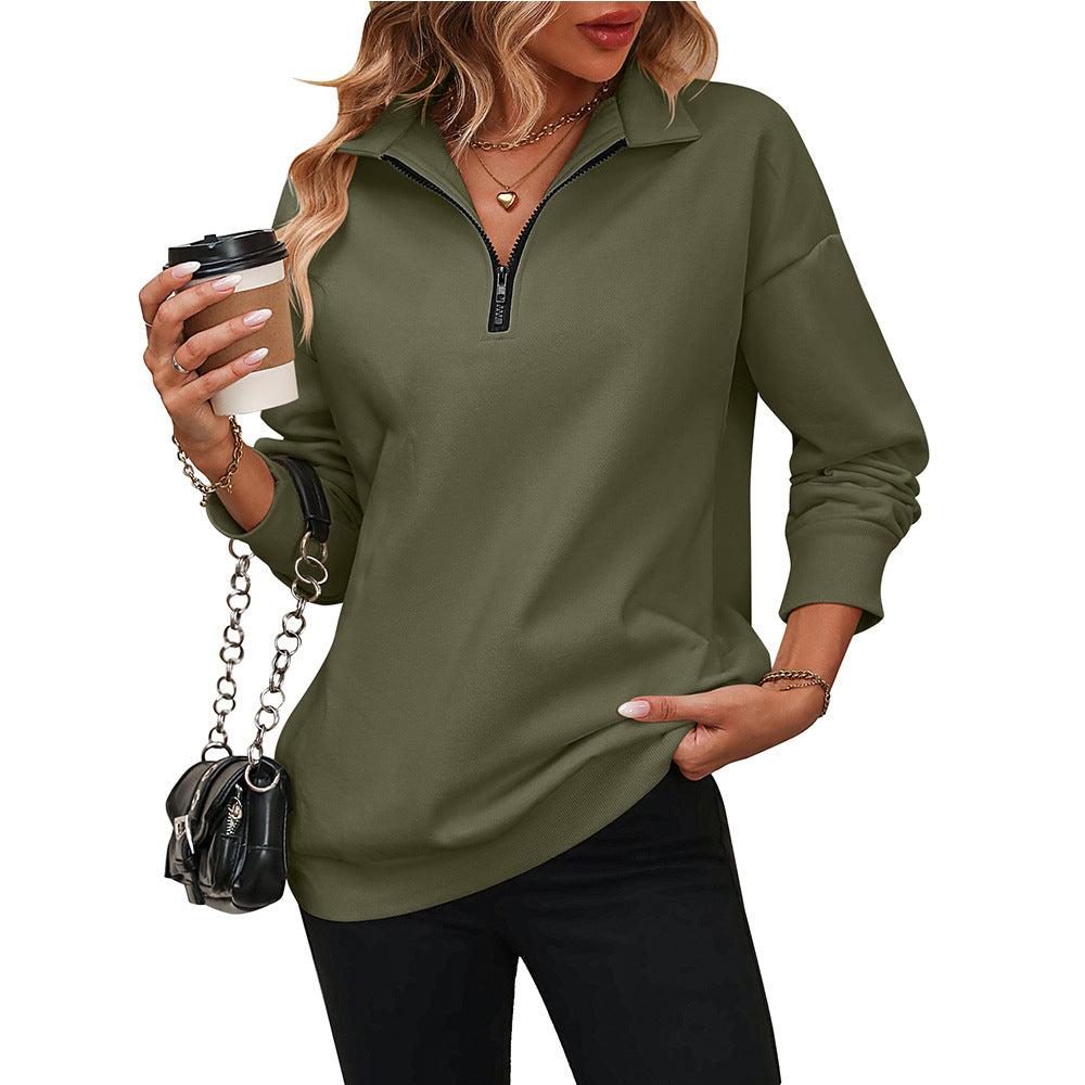 Fashion Pullover Fleece Sweater with Half Long-Sleeve and Zipper