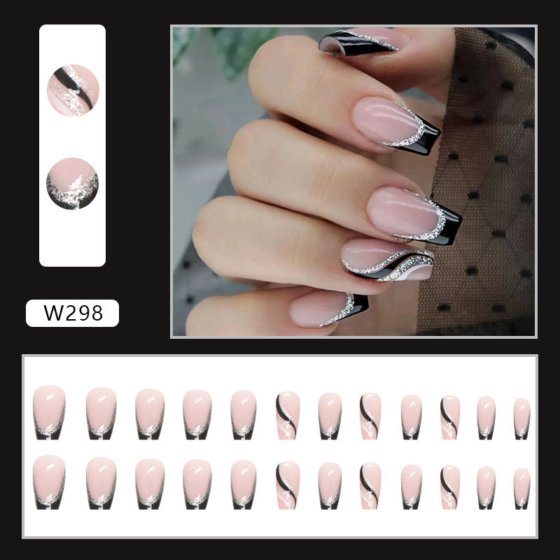 Mid-length Square Black Glitter French Nail Sticker