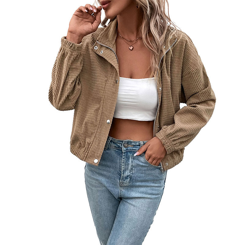 Women Stand-up Collar Jacket Corduroy Short Coat