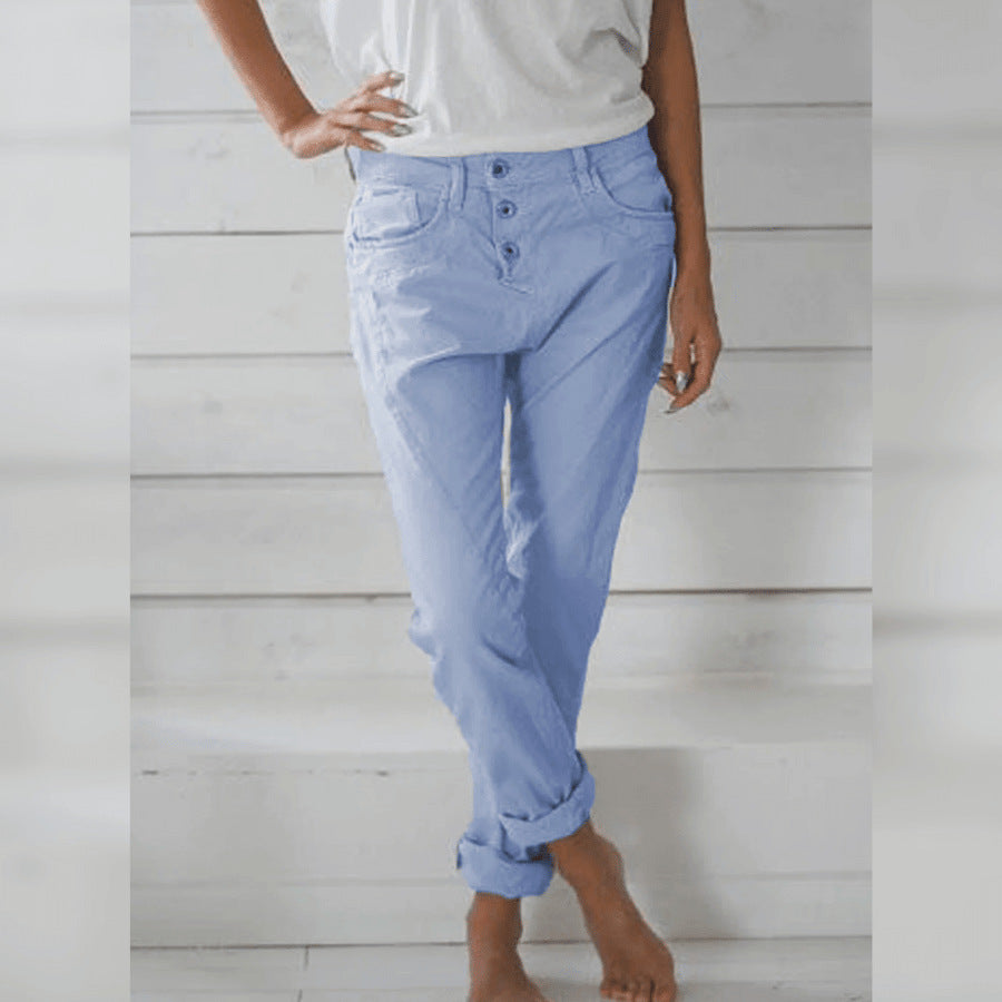 Solid Color Cotton And Linen Fashion Loose High Waist Casual Trousers