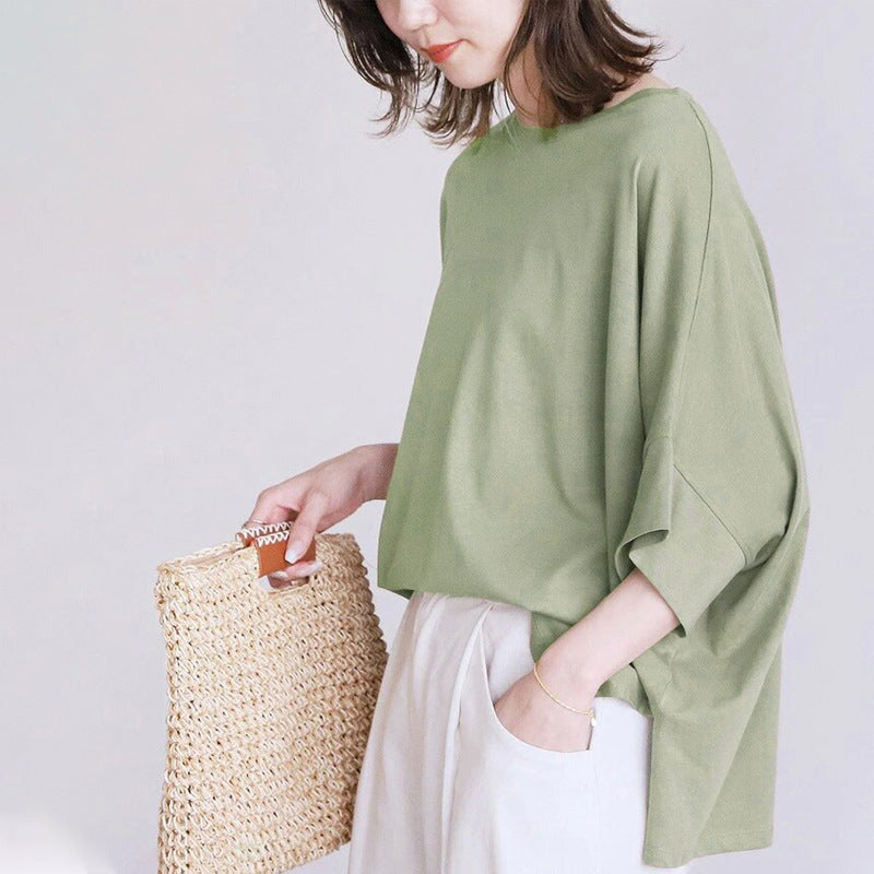 Japanese 6-Color Cotton Batwing Sleeve Oversized T-Shirt for Women