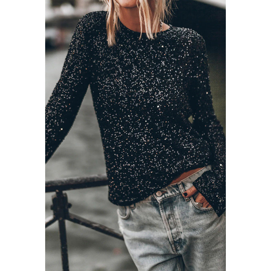 European and American Party Sequined Long Sleeve Round Neck Top