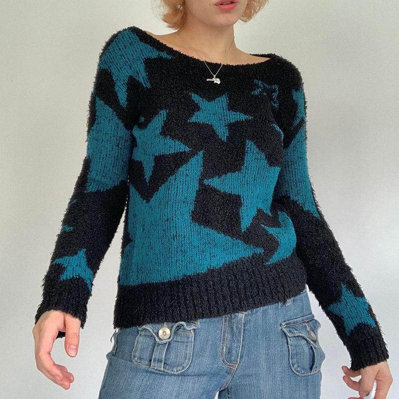 Women's Color Contrast Star Long-Sleeved Sweater