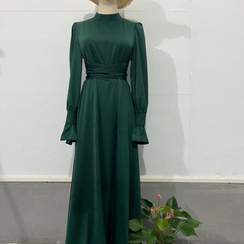 Autumn Long Sleeve Waist Puff Sleeve Green Dress