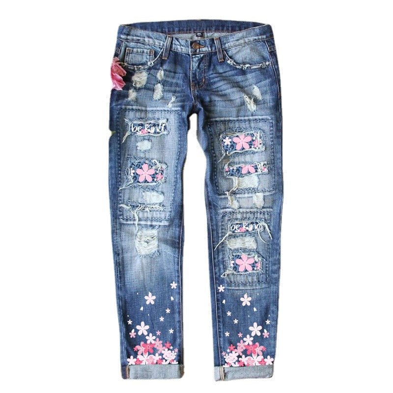 Women's Loose Wide Leg Jeans with Cherry Blossom Print and Water Washed Hole Detail