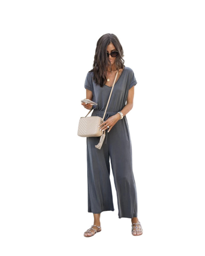 Women's V-Neck Wide-Leg Jumpsuit with Elastic Waist