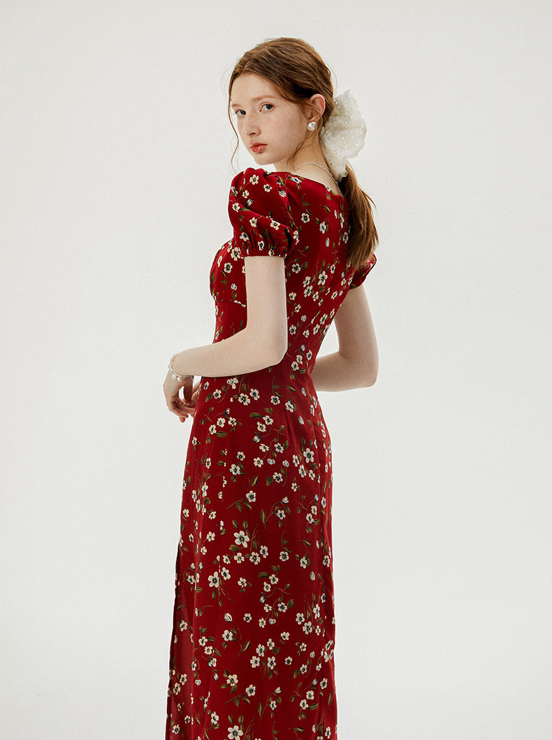 Vintage Floral Red Dress With Bubble Sleeves