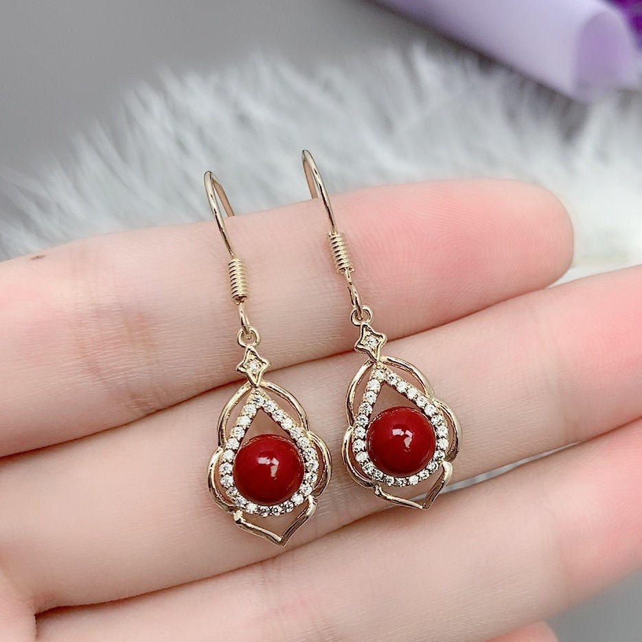 Women's Fashion Simple Raw Ore Cinnabar Ear Studs