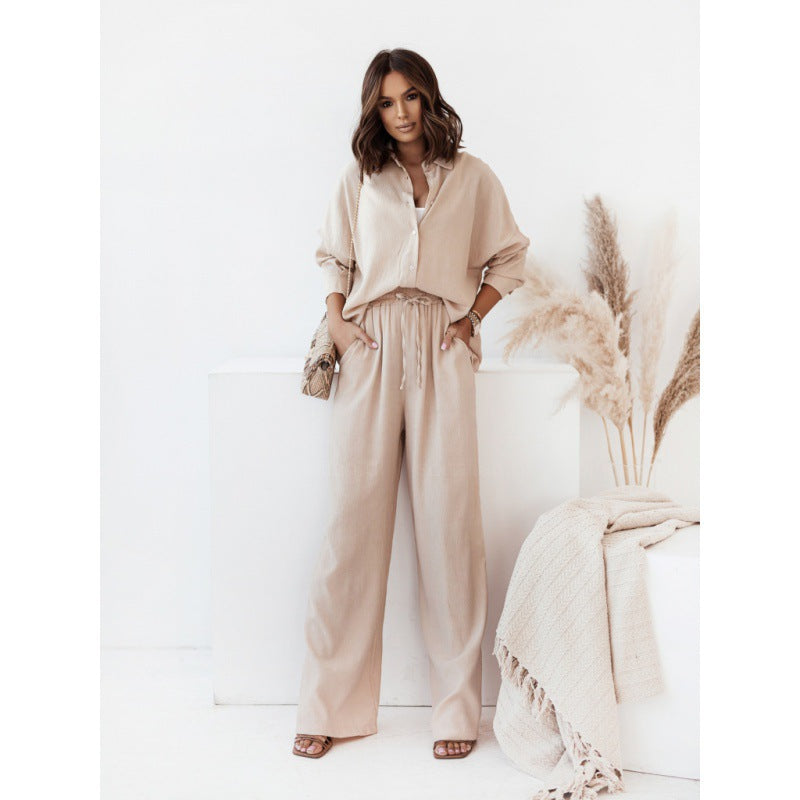 Relaxed and Comfortable: Long-Sleeved Wrinkle Shirt with Wide-Leg Pants Casual Suit