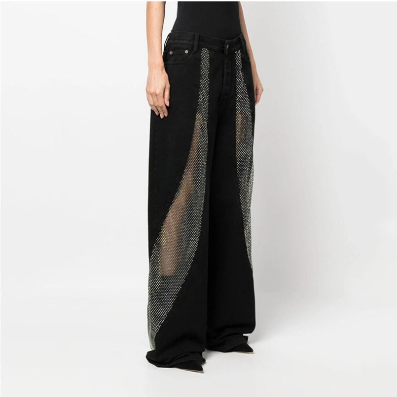 Autumn New Diamond-Studded Hollow Stitching Wide-Leg Trousers for Women