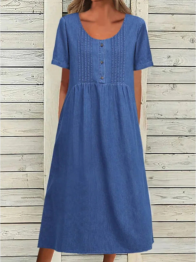 U-shaped Collar Mid-length Elegant Denim Short Sleeve Dress