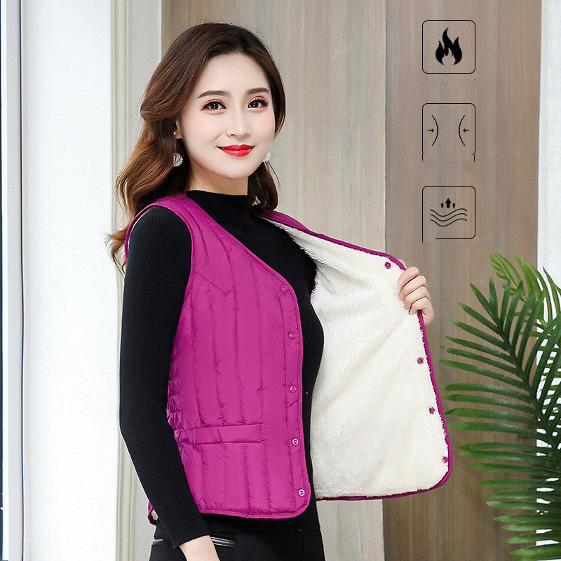 Short Down Cotton Vest for Women, Warm and Thickened with Lamb Velvet