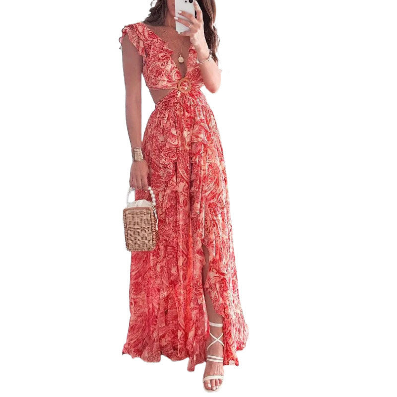 Printed Deep V Midriff Outfit Long Pleated Dress