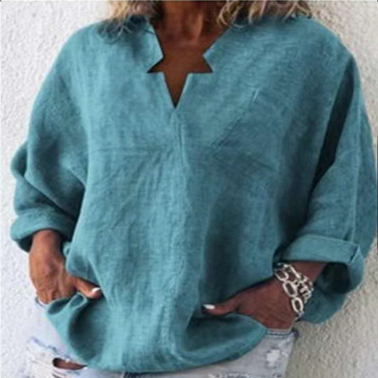 Solid Color Cotton And Linen Plus Size Mid-length V-neck Shirt