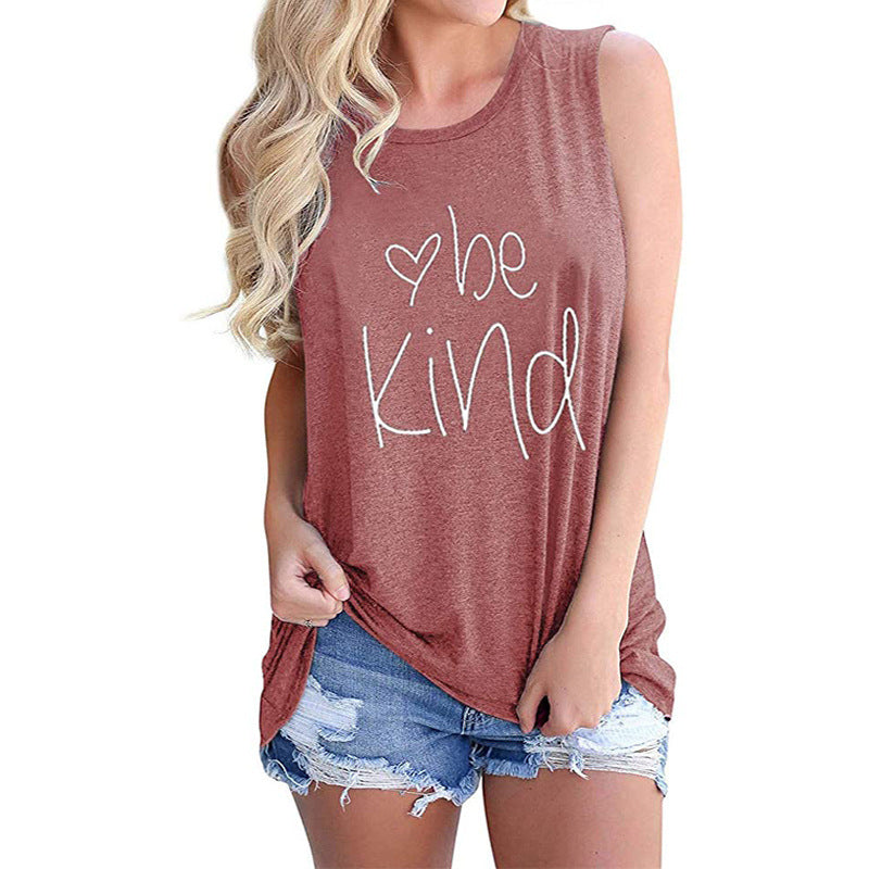 Letter Printed Round Neck Casual Sleeveless T-shirt