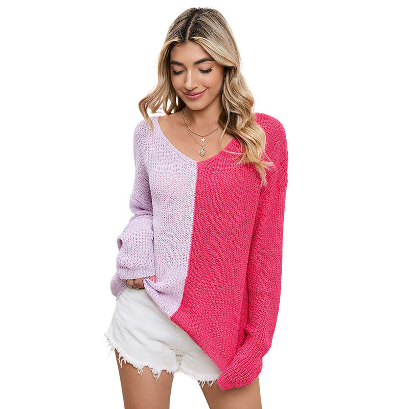 Knitted Long-Sleeved Top with New Color Matching: V-Neck Pullover Sweater