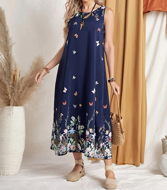 Women's Printed Butterfly Round Neck Off-Shoulder Casual Jumpsuit with Long Skirt