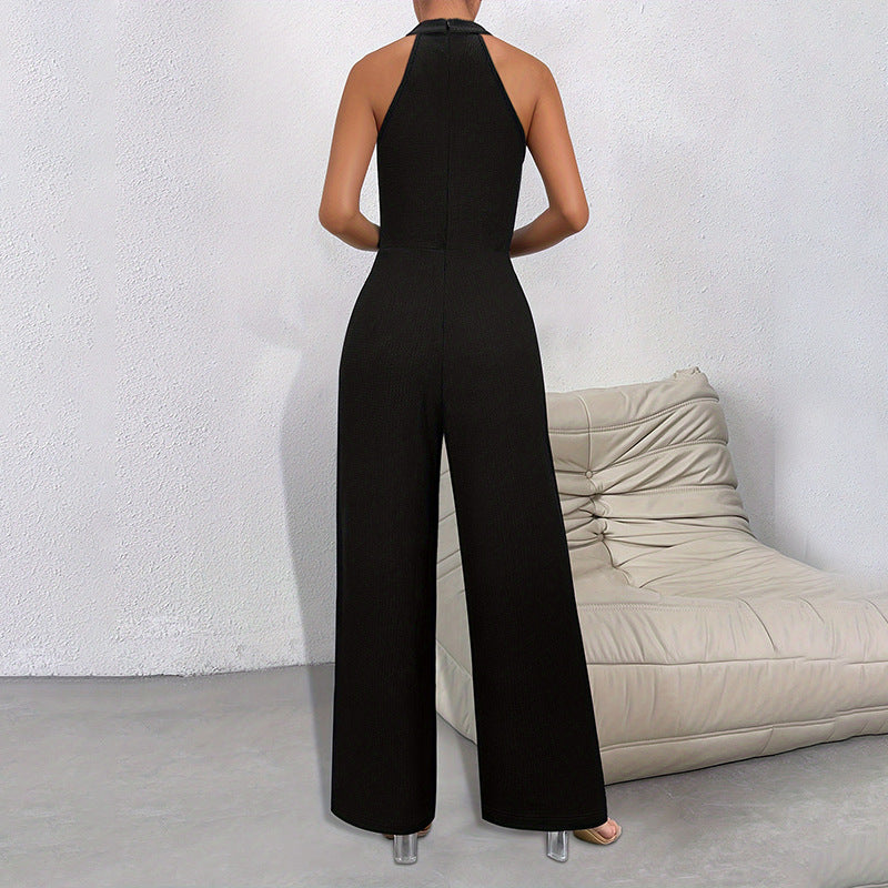 Elegant Solid Color Halter Sleeveless Long Jumpsuit - Commuter Style