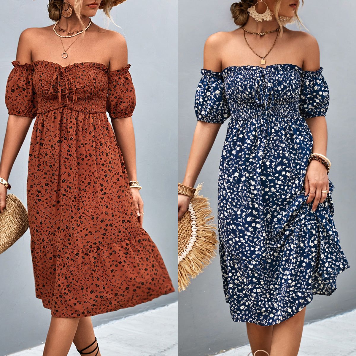 Chic Smocking Ruffled Dress in Solid Color: European and American Fashion for Ladies